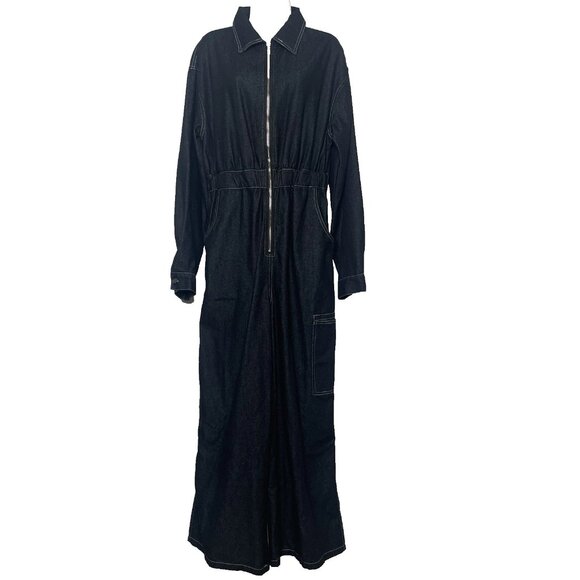 Oyrosy Retro Wide Leg Denim Jumpsuit Size M Dark Wash Black Zip Front Utility - Picture 2 of 9